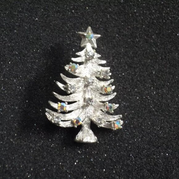 Eisenberg Ice Christmas Tree Silver with Aurora Borealis Crystals Vintage 2" H - Picture 1 of 2